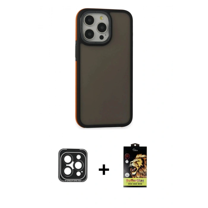 ieg™ iPhone 15 Pro Max Kılıf Eksen Işık - Siyah Buffer Cam Ekran Koruyucu + Siyah PVD Metal Kamera Lens