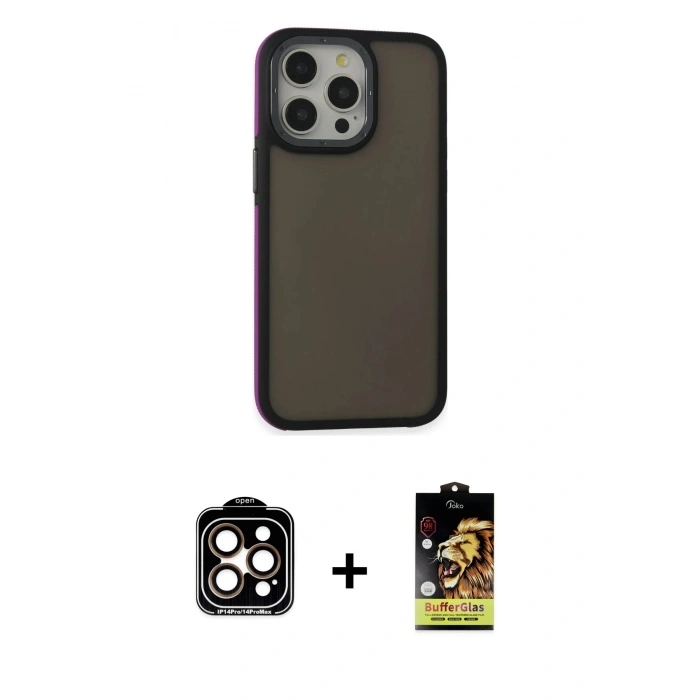 ieg™ iPhone 15 Pro Max Kılıf Eksen Işık - Siyah Buffer Cam Ekran Koruyucu + Turuncu PVD Metal Kamera Lens