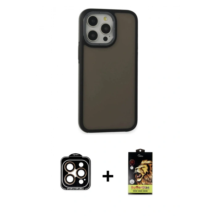 ieg™ iPhone 15 Pro Max Kılıf Eksen Işık - Siyah Buffer Cam Ekran Koruyucu + Turuncu PVD Metal Kamera Lens