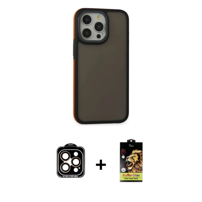ieg™ iPhone 15 Pro Max Kılıf Eksen Işık - Siyah Buffer Cam Ekran Koruyucu + Turuncu PVD Metal Kamera Lens