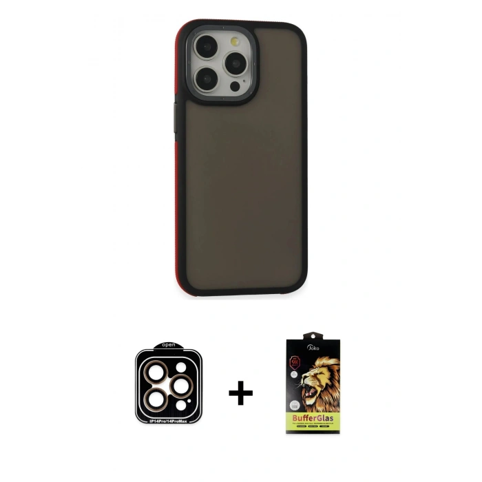ieg™ iPhone 15 Pro Max Kılıf Eksen Işık - Siyah Buffer Cam Ekran Koruyucu + Turuncu PVD Metal Kamera Lens