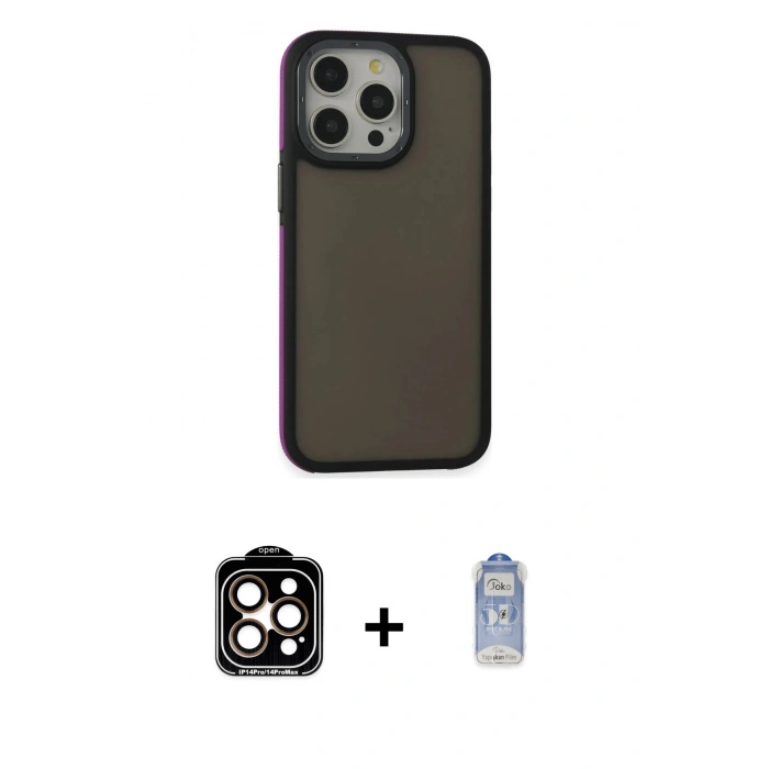 ieg™ iPhone 15 Pro Max Kılıf Eksen Işık - Siyah Joko Magic 5D Cam + Turuncu PVD Metal Kamera Lens