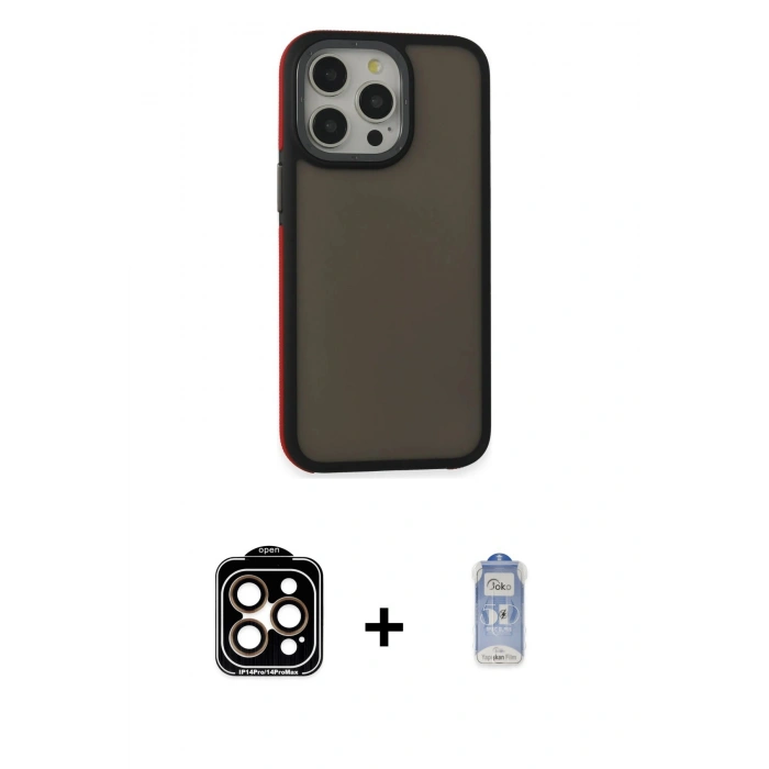 ieg™ iPhone 15 Pro Max Kılıf Eksen Işık - Siyah Joko Magic 5D Cam + Turuncu PVD Metal Kamera Lens
