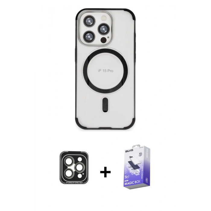 ieg™ iPhone 15 Pro Max Kılıf Eksen Klasik Koleksiyonu - Siyah Bilvis 5in1 5D Magic Hayalet Cam Ekran Koruyucu + Gri PVD Metal Kamera Lens