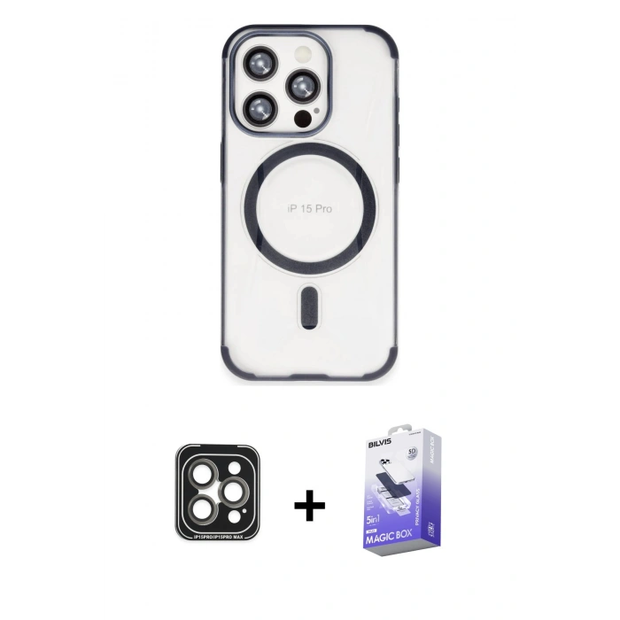 ieg™ iPhone 15 Pro Max Kılıf Eksen Klasik Koleksiyonu - Siyah Bilvis 5in1 5D Magic Hayalet Cam Ekran Koruyucu + Gri PVD Metal Kamera Lens