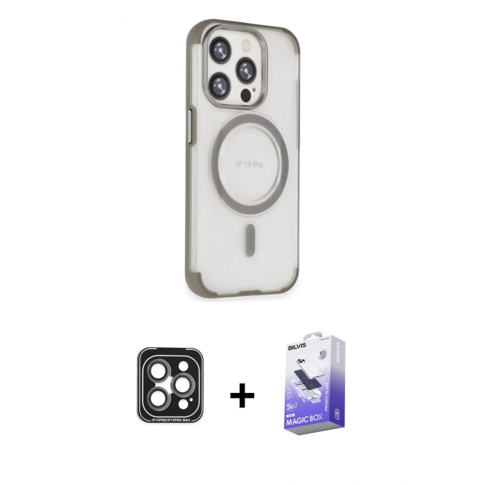 ieg™ iPhone 15 Pro Max Kılıf Eksen Klasik Koleksiyonu - Siyah Bilvis 5in1 5D Magic Hayalet Cam Ekran Koruyucu + Gri PVD Metal Kamera Lens