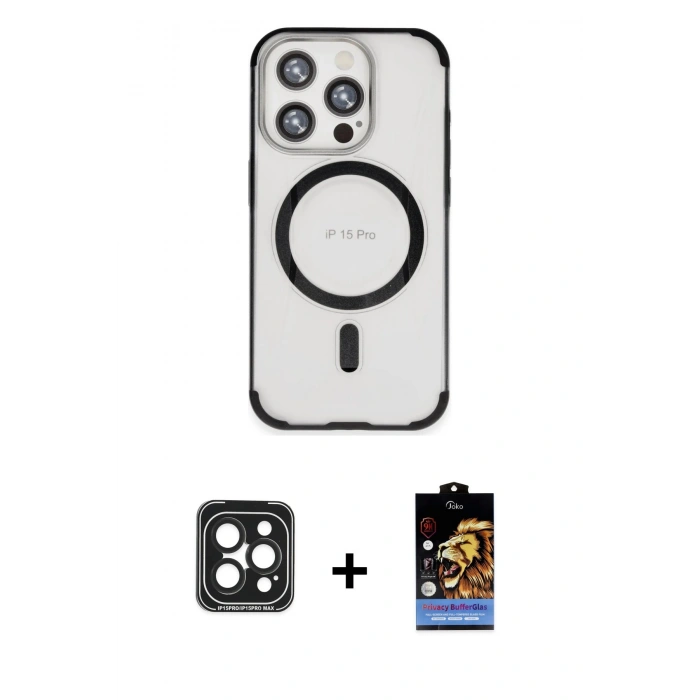 ieg™ iPhone 15 Pro Max Kılıf Eksen Klasik Koleksiyonu - Siyah Buffer Hayalet Cam Ekran Koruyucu + Siyah PVD Metal Kamera Lens