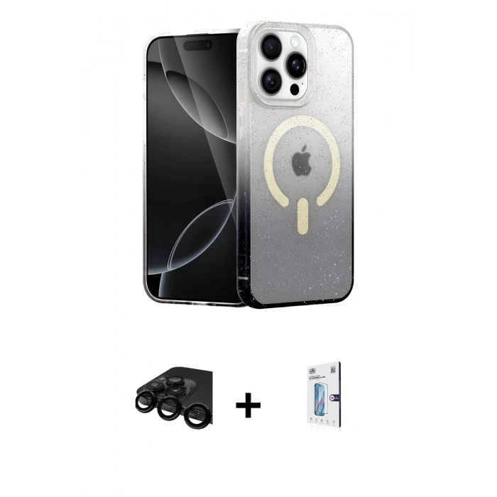 ieg™ iPhone 15 Pro Max Kılıf Eksen Minimal Özel Seri - Siyah Bilvis 0.18mm Plus Cam Ekran Koruyucu + Siyah Raze Metal Kamera Lens