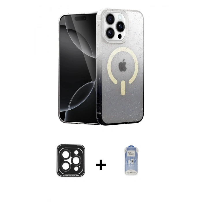 ieg™ iPhone 15 Pro Max Kılıf Eksen Minimal Özel Seri - Siyah Joko Magic 5D Cam + Siyah PVD Metal Kamera Lens