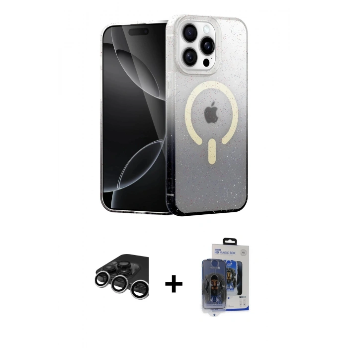ieg™ iPhone 15 Pro Max Kılıf Eksen Minimal Özel Seri - Siyah Vanessa Magic Cam + Gümüş Raze Metal Kamera Lens