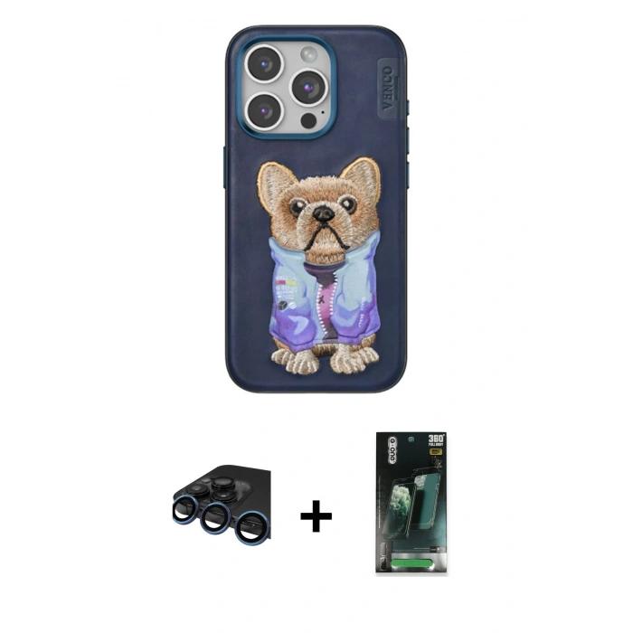 ieg™ iPhone 15 Pro Max Kılıf İz Minimal Koleksiyonu - Şeffaf 360 Full Body Arka Koruyucu + Lacivert Raze Metal Kamera Lens