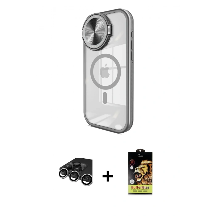 ieg™ iPhone 15 Pro Max Kılıf Kıvılcım Modern Koleksiyonu - Siyah Buffer Cam Ekran Koruyucu + Gümüş Raze Metal Kamera Lens