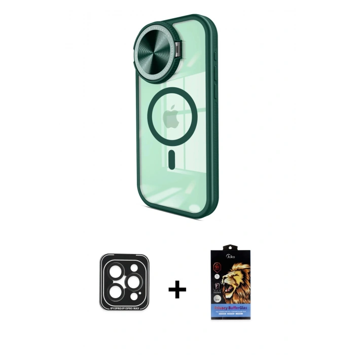 ieg™ iPhone 15 Pro Max Kılıf Kıvılcım Modern Koleksiyonu - Siyah Buffer Hayalet Cam Ekran Koruyucu + Siyah PVD Metal Kamera Lens