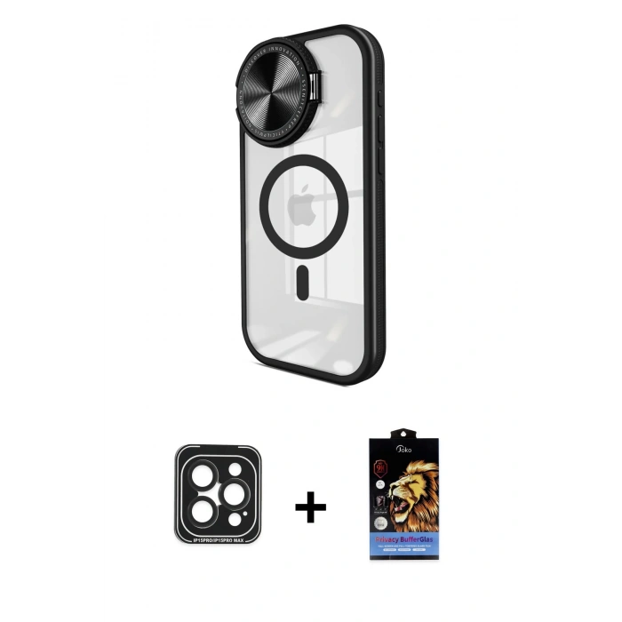 ieg™ iPhone 15 Pro Max Kılıf Kıvılcım Modern Koleksiyonu - Siyah Buffer Hayalet Cam Ekran Koruyucu + Siyah PVD Metal Kamera Lens