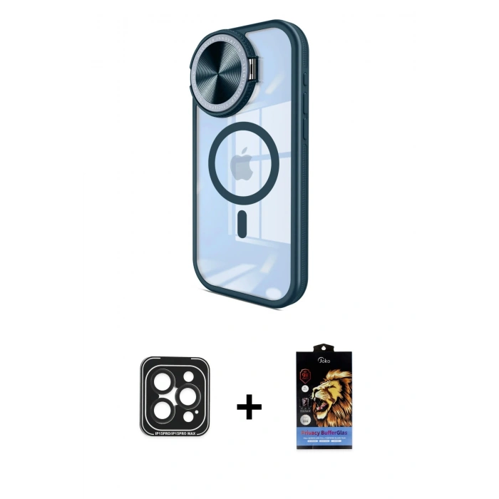 ieg™ iPhone 15 Pro Max Kılıf Kıvılcım Modern Koleksiyonu - Siyah Buffer Hayalet Cam Ekran Koruyucu + Siyah PVD Metal Kamera Lens