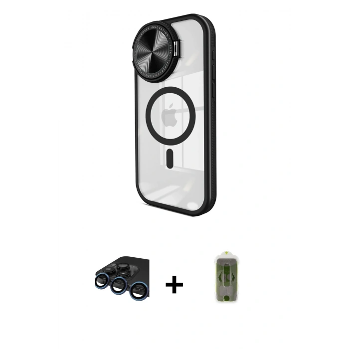 ieg™ iPhone 15 Pro Max Kılıf Kıvılcım Modern Koleksiyonu - Siyah Joko Magic 5D Hayalet Cam + Lacivert Raze Metal Kamera Lens
