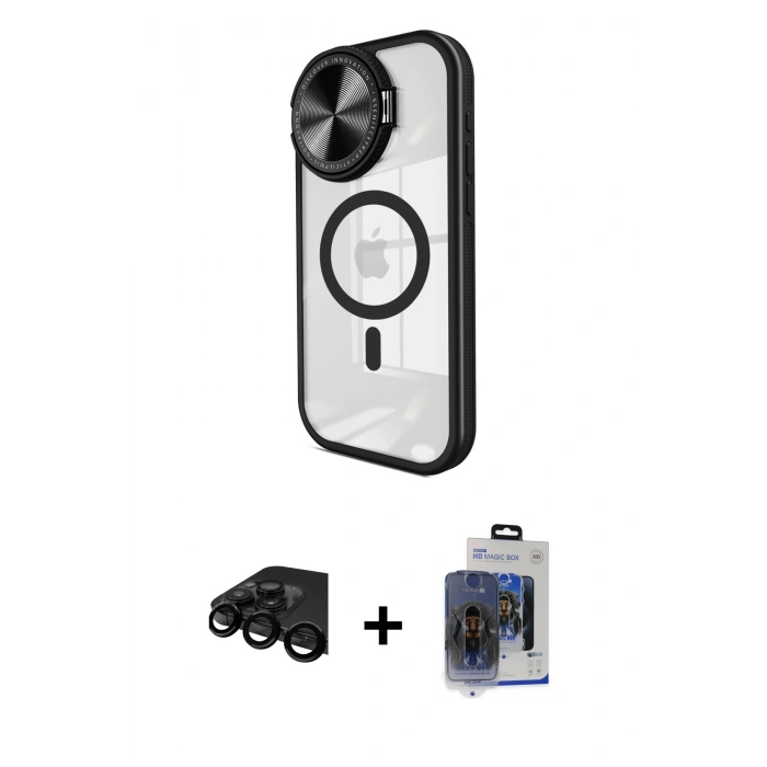 ieg™ iPhone 15 Pro Max Kılıf Kıvılcım Modern Koleksiyonu - Siyah Vanessa Magic Cam + Siyah Raze Metal Kamera Lens