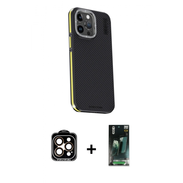 ieg™ iPhone 15 Pro Max Kılıf Kıvılcım Modern Özel Seri - Siyah 360 Mat Full Body Arka Koruyucu + Turuncu PVD Metal Kamera Lens