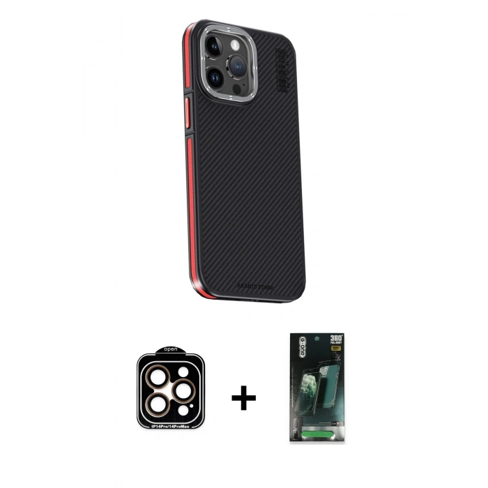 ieg™ iPhone 15 Pro Max Kılıf Kıvılcım Modern Özel Seri - Siyah 360 Mat Full Body Arka Koruyucu + Turuncu PVD Metal Kamera Lens