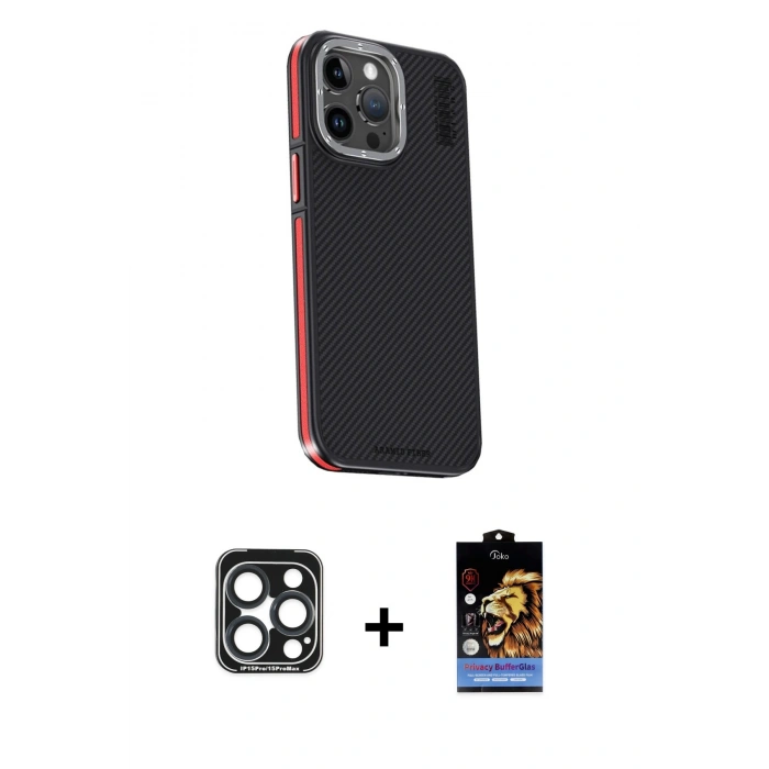ieg™ iPhone 15 Pro Max Kılıf Kıvılcım Modern Özel Seri - Siyah Buffer Hayalet Cam Ekran Koruyucu + Lacivert PVD Metal Kamera Lens