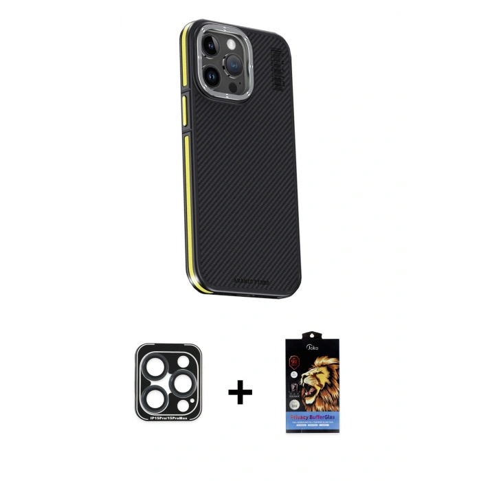 ieg™ iPhone 15 Pro Max Kılıf Kıvılcım Modern Özel Seri - Siyah Buffer Hayalet Cam Ekran Koruyucu + Lacivert PVD Metal Kamera Lens
