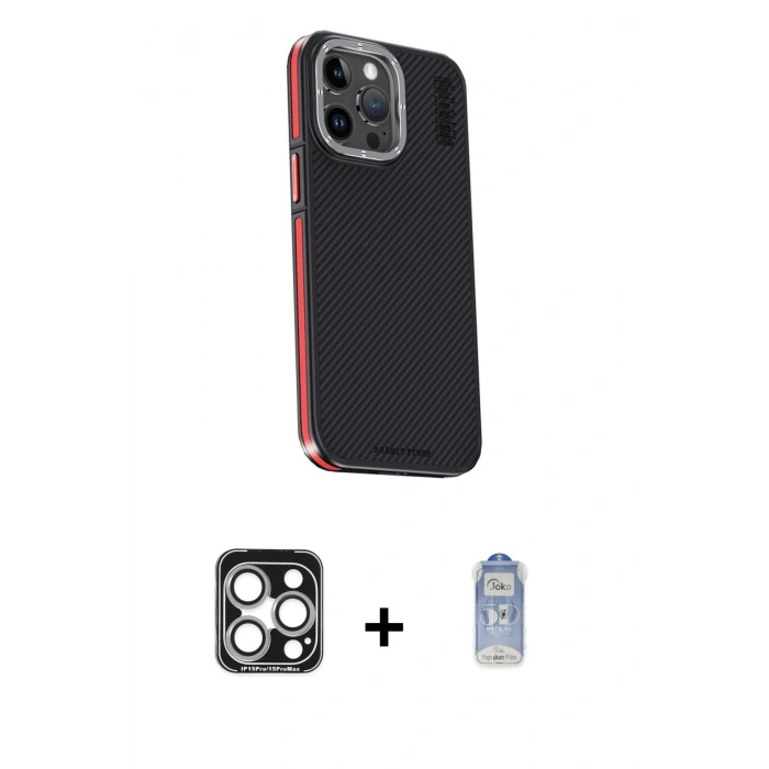 ieg™ iPhone 15 Pro Max Kılıf Kıvılcım Modern Özel Seri - Siyah Joko Magic 5D Cam + Gümüş PVD Metal Kamera Lens