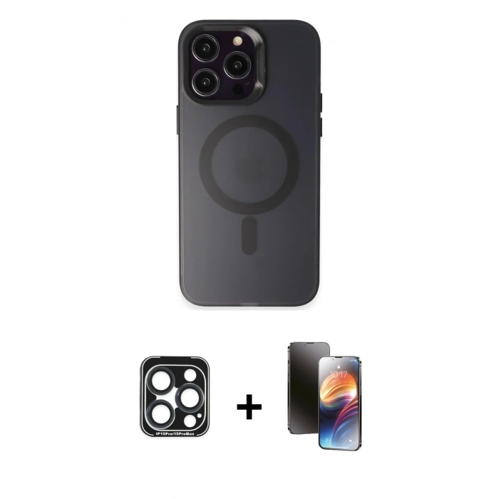 ieg™ iPhone 15 Pro Max Kılıf Kozmos Çizgi Prime - Siyah 3D Antistatik Mat Seramik Nano Ekran Koruyucu + Lacivert PVD Metal Kamera Lens