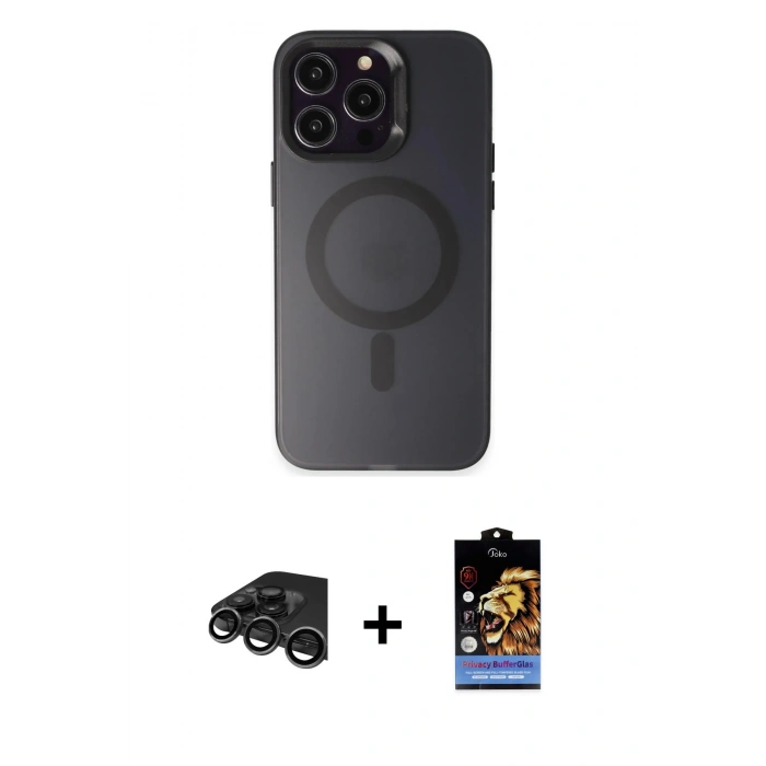 ieg™ iPhone 15 Pro Max Kılıf Kozmos Çizgi Prime - Siyah Buffer Hayalet Cam Ekran Koruyucu + Titanyum Gri Raze Metal Kamera Lens