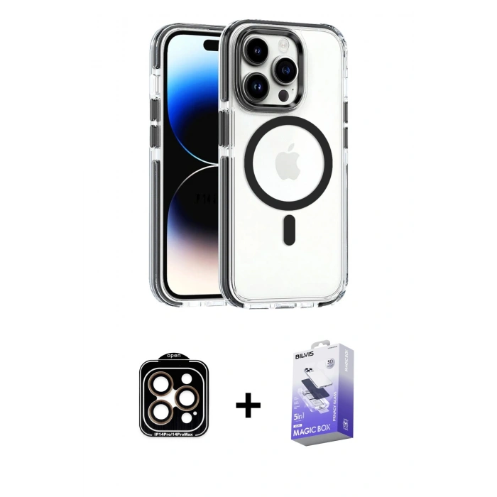 ieg™ iPhone 15 Pro Max Kılıf Kozmos Doku Koleksiyonu - Siyah Bilvis 5in1 5D Magic Hayalet Cam Ekran Koruyucu + Turuncu PVD Metal Kamera Lens