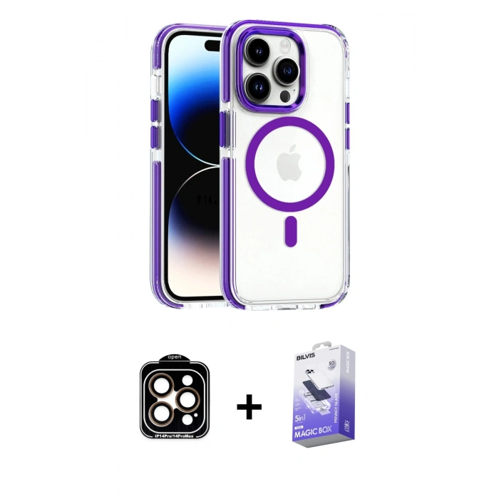 ieg™ iPhone 15 Pro Max Kılıf Kozmos Doku Koleksiyonu - Siyah Bilvis 5in1 5D Magic Hayalet Cam Ekran Koruyucu + Turuncu PVD Metal Kamera Lens