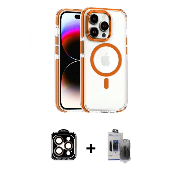 ieg™ iPhone 15 Pro Max Kılıf Kozmos Doku Koleksiyonu - Siyah Vanessa Magic Hayalet Cam + Turuncu PVD Metal Kamera Lens