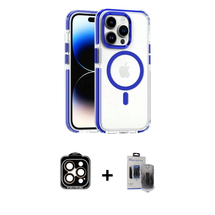 ieg™ iPhone 15 Pro Max Kılıf Kozmos Doku Koleksiyonu - Siyah Vanessa Magic Hayalet Cam + Turuncu PVD Metal Kamera Lens