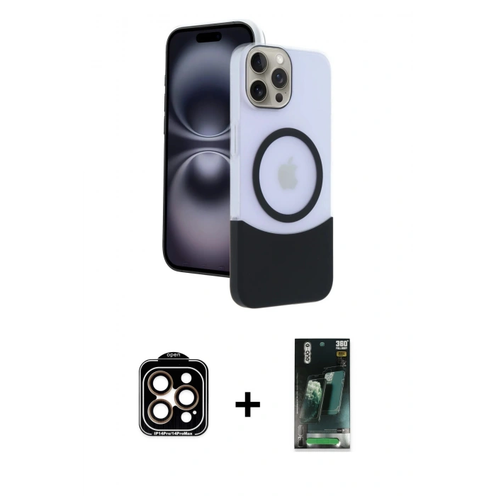 ieg™ iPhone 15 Pro Max Kılıf Kozmos Form Özel Seri - Şeffaf 360 Full Body Arka Koruyucu + Turuncu PVD Metal Kamera Lens
