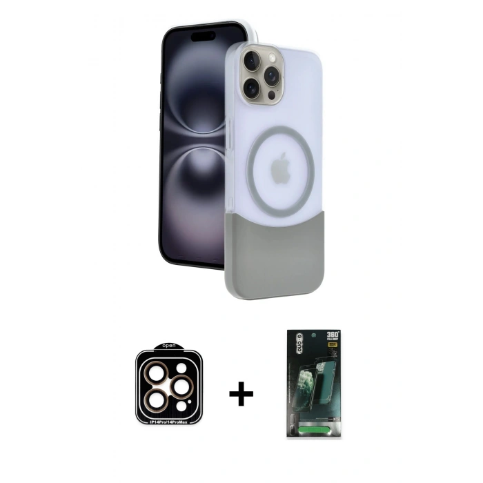 ieg™ iPhone 15 Pro Max Kılıf Kozmos Form Özel Seri - Şeffaf 360 Full Body Arka Koruyucu + Turuncu PVD Metal Kamera Lens