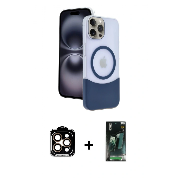 ieg™ iPhone 15 Pro Max Kılıf Kozmos Form Özel Seri - Şeffaf 360 Full Body Arka Koruyucu + Turuncu PVD Metal Kamera Lens