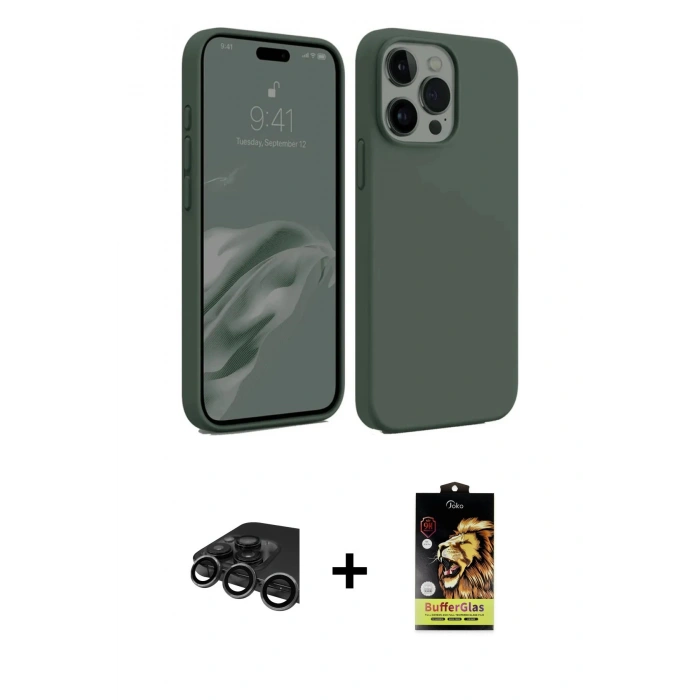 ieg™ iPhone 15 Pro Max Kılıf Kozmos Yansıma Özel Seri - Siyah Buffer Cam Ekran Koruyucu + Titanyum Gri Raze Metal Kamera Lens