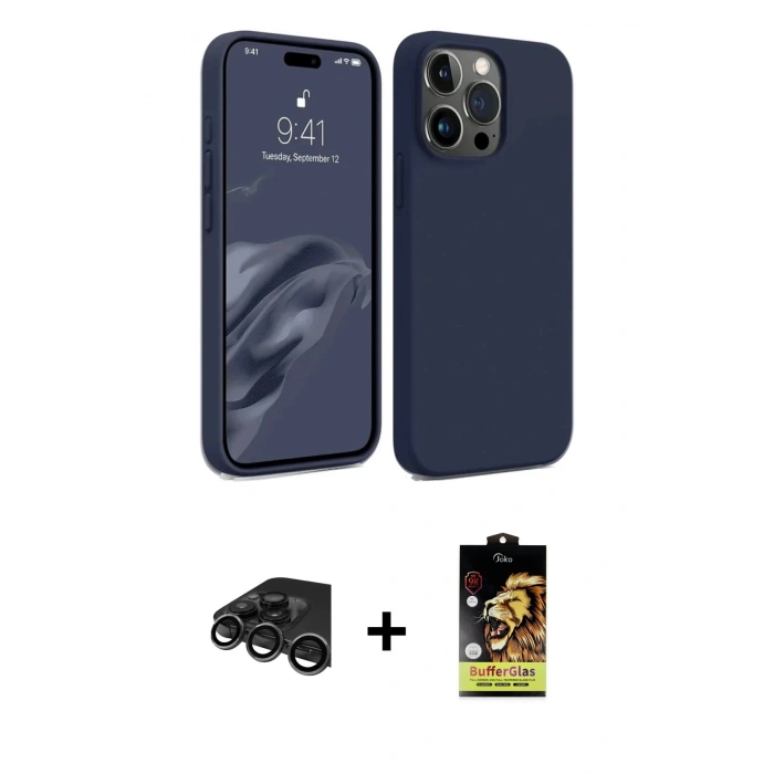 ieg™ iPhone 15 Pro Max Kılıf Kozmos Yansıma Özel Seri - Siyah Buffer Cam Ekran Koruyucu + Titanyum Gri Raze Metal Kamera Lens