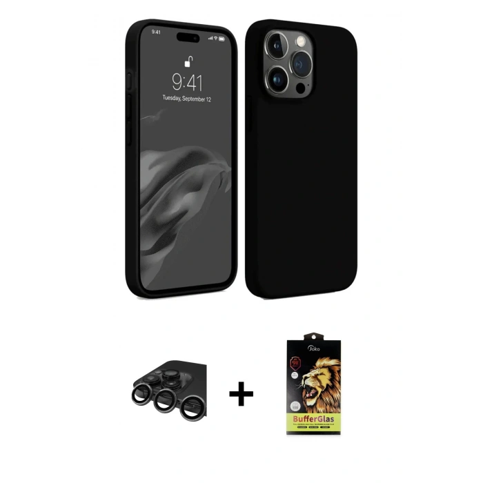ieg™ iPhone 15 Pro Max Kılıf Kozmos Yansıma Özel Seri - Siyah Buffer Cam Ekran Koruyucu + Titanyum Gri Raze Metal Kamera Lens