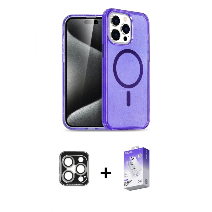 ieg™ iPhone 15 Pro Max Kılıf Nova Asil Prime - Siyah Bilvis 5in1 3D Magic Cam Ekran Koruyucu + Gümüş PVD Metal Kamera Lens