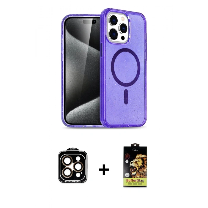 ieg™ iPhone 15 Pro Max Kılıf Nova Asil Prime - Siyah Buffer Cam Ekran Koruyucu + Turuncu PVD Metal Kamera Lens