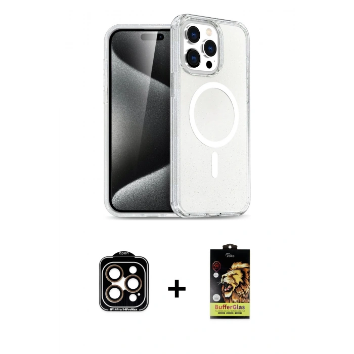 ieg™ iPhone 15 Pro Max Kılıf Nova Asil Prime - Siyah Buffer Cam Ekran Koruyucu + Turuncu PVD Metal Kamera Lens