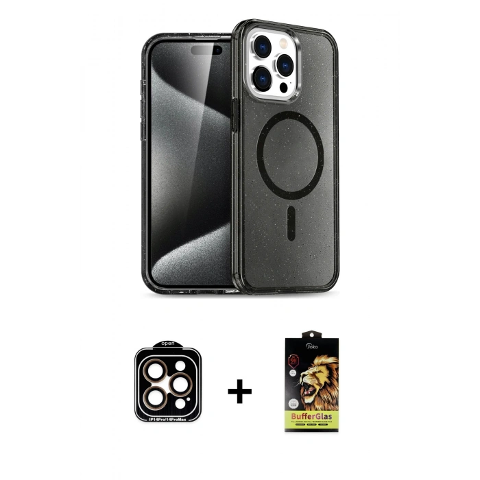 ieg™ iPhone 15 Pro Max Kılıf Nova Asil Prime - Siyah Buffer Cam Ekran Koruyucu + Turuncu PVD Metal Kamera Lens