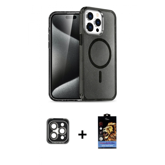 ieg™ iPhone 15 Pro Max Kılıf Nova Asil Prime - Siyah Buffer Hayalet Cam Ekran Koruyucu + Gri PVD Metal Kamera Lens