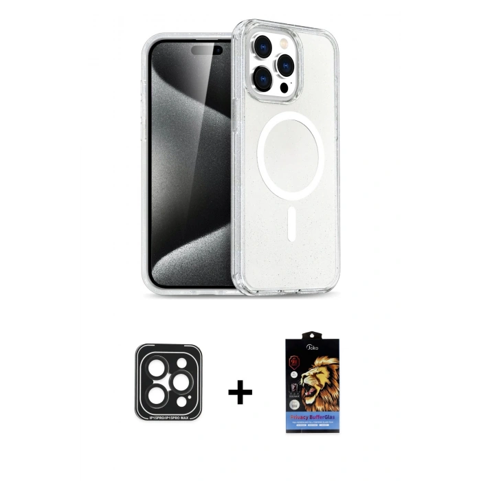 ieg™ iPhone 15 Pro Max Kılıf Nova Asil Prime - Siyah Buffer Hayalet Cam Ekran Koruyucu + Siyah PVD Metal Kamera Lens