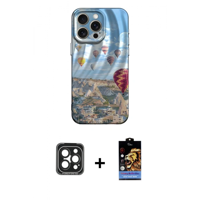 ieg™ iPhone 15 Pro Max Kılıf Nova Doku Prime - Siyah Buffer Hayalet Cam Ekran Koruyucu + Siyah PVD Metal Kamera Lens