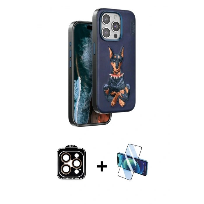 ieg™ iPhone 15 Pro Max Kılıf Nova Form Koleksiyonu - Siyah 3D Antistatik Cam Ekran Koruyucu + Turuncu PVD Metal Kamera Lens