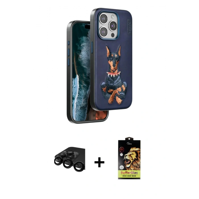 ieg™ iPhone 15 Pro Max Kılıf Nova Form Koleksiyonu - Siyah Buffer Cam Ekran Koruyucu + Siyah Raze Metal Kamera Lens