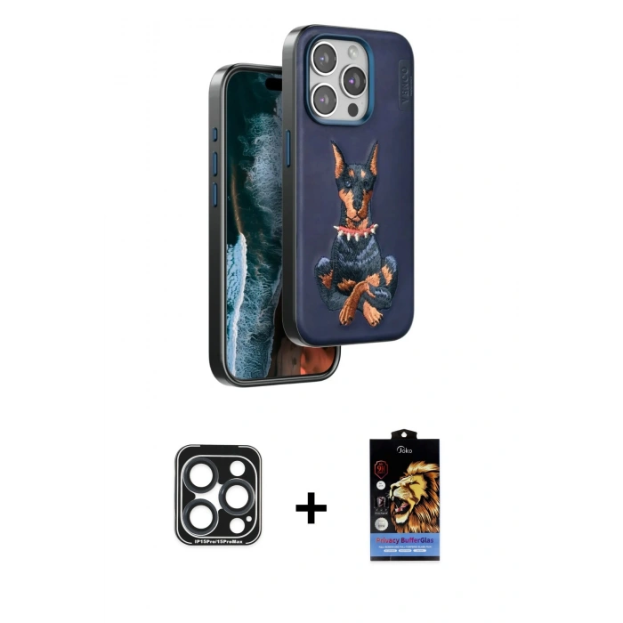 ieg™ iPhone 15 Pro Max Kılıf Nova Form Koleksiyonu - Siyah Buffer Hayalet Cam Ekran Koruyucu + Lacivert PVD Metal Kamera Lens