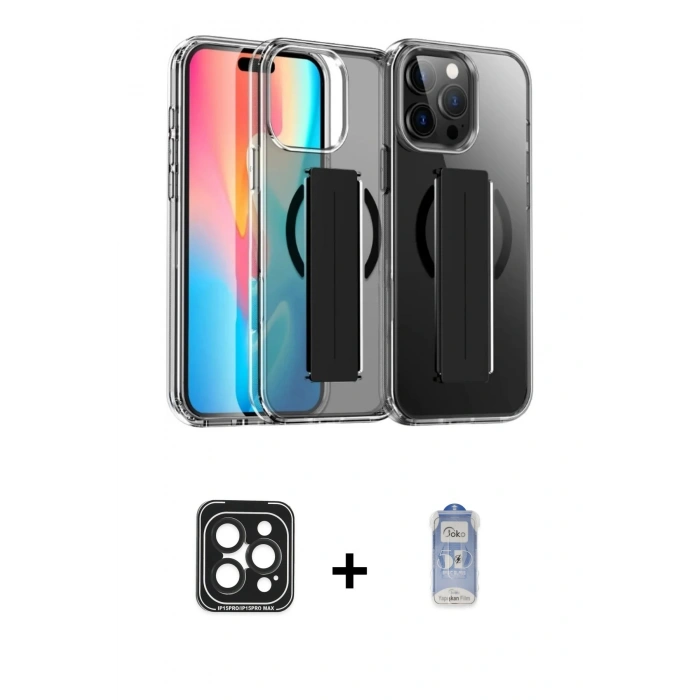 ieg™ iPhone 15 Pro Max Kılıf Nova Işık Koleksiyonu - Siyah Joko Magic 5D Cam + Siyah PVD Metal Kamera Lens
