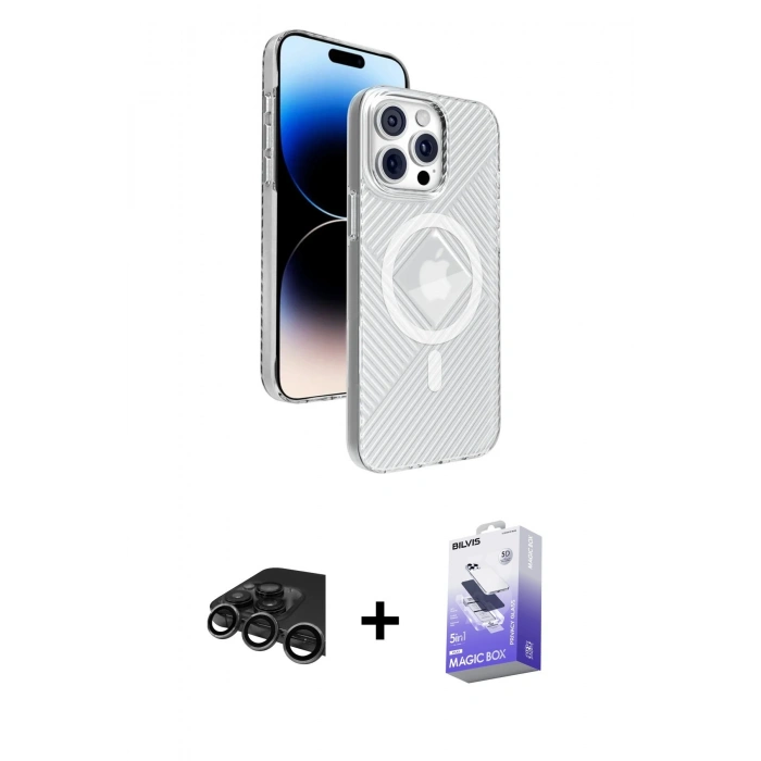 ieg™ iPhone 15 Pro Max Kılıf Nova Modern Prime - Siyah Bilvis 5in1 5D Magic Hayalet Cam Ekran Koruyucu + Titanyum Gri Raze Metal Kamera Lens